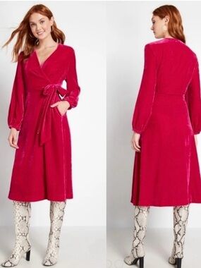 Emily and Fin Fuchsia Velvet Wrap Midi Dress with Tie Waist NWT UK 16/US 12